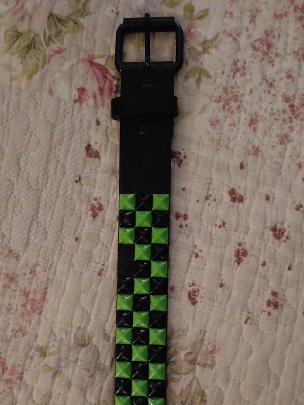 Black Leather Studded Belt with Green Pyramid Studs - Hot Topic